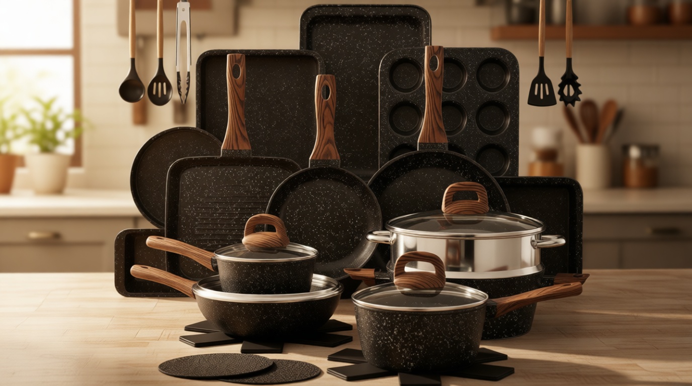 Pots and Pans Set Non Stick, 31 Piece Kitchen Induction Cookware & Bakeware Set, Nonstick Kitchen Cooking Pans Set with Frying Pans Set Grill Pan Saucepan Baking Sheet & Utensils, PFOA Free