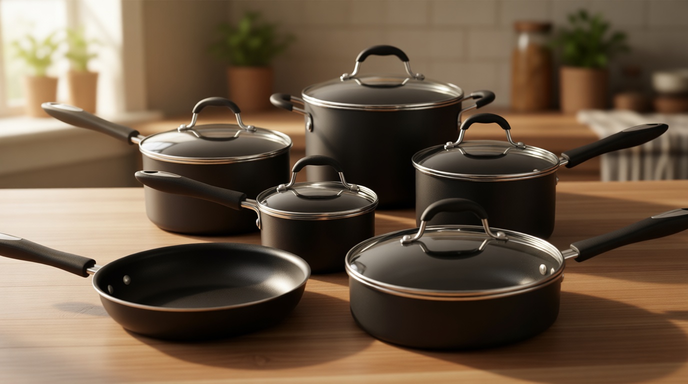 Cuisinart Advantage Nonstick Cookware Set, 11-Piece Pots and Pans Cooking Set with Aluminum Core for Quick and Even Heating, Easy Grip Handles, Dishwasher Safe, 55-11BK