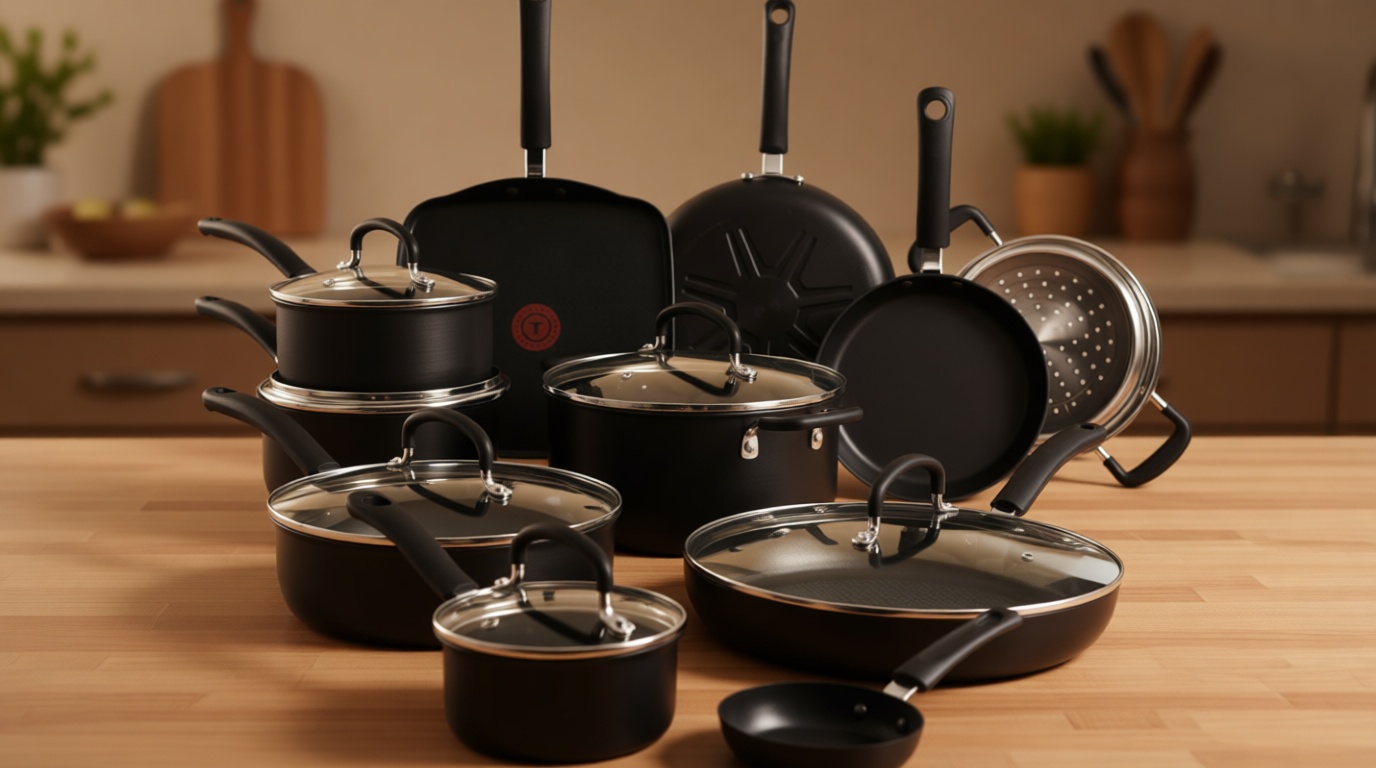 T-Fal Ultimate Hard Anodized Nonstick Pots and Pans Set 17 Piece, Nonstick Cookware Set with Fry Pan, Saucepans, Saute-Pan, Griddle, Dishwasher Safe, Onyx