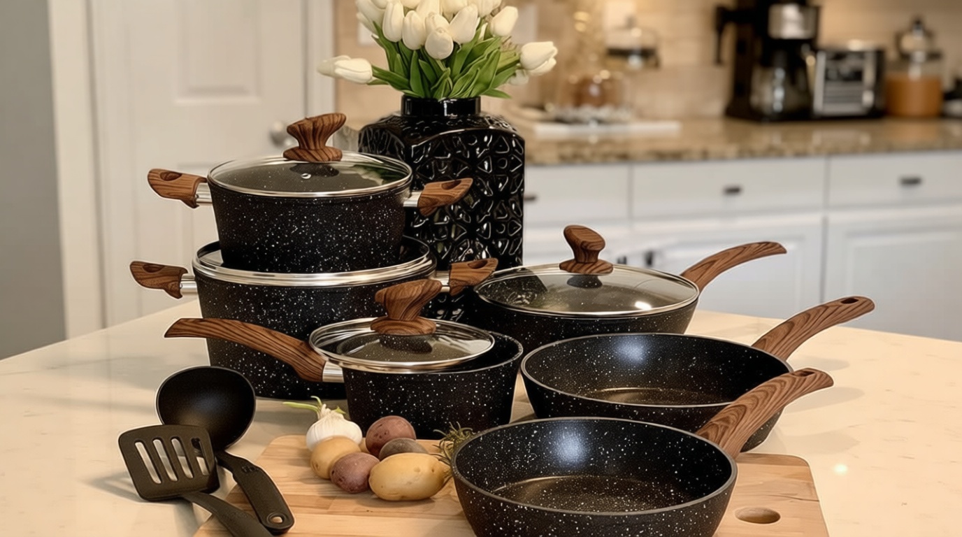 Kitchen Academy Induction Cookware Sets - 12 Piece Cooking Pan Set, Granite Black Nonstick Pots and Pans Set
