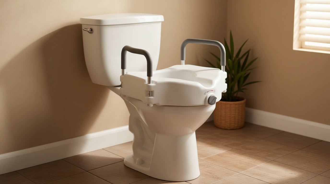 Drive Medical 2-in-1 Raised Toilet Seat with Removable Padded Arms - Elevated Bathroom Safety Support - Secure Locking Attachment - Easy Height Assistance - Durable Construction, Standard Toilets