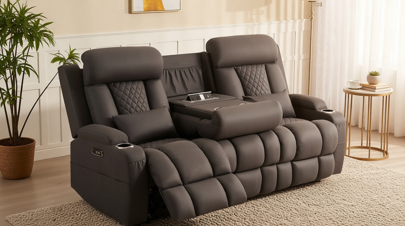 Zero Wall Hugger Power Reclining Sofa with Adjustable Headrest, Electric Reclining Couch with Drop-Down Table,Outlets, Power Loveseat Recliner Sofa for Living Room (Gray, 3 Seat)