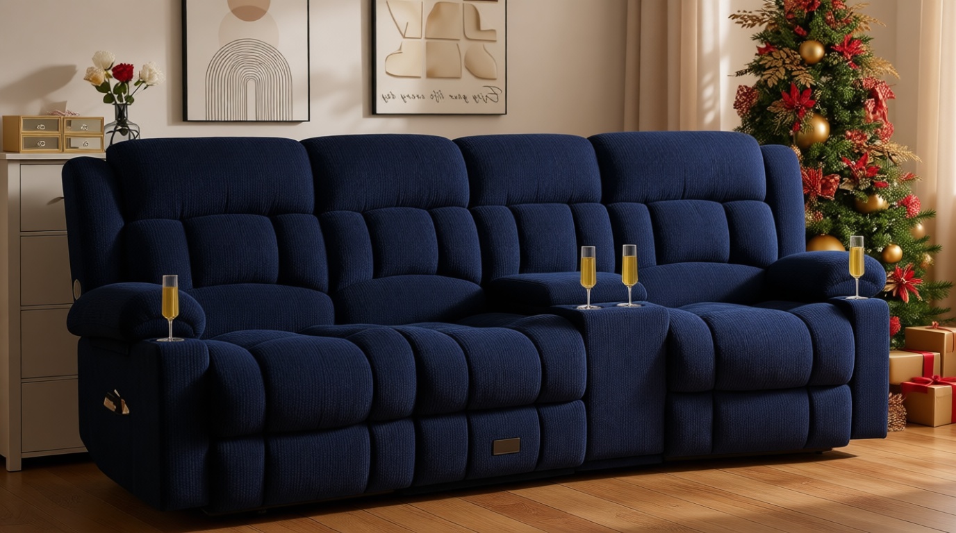 Dresegmt Recliner Sofa with Storage Console, Flip Middle Backrest Design 3-Seater Reclining Sofa with Storage Drawer, USB Ports & Cup Holders, Manual Couch for Living Room (Blue, 3 Seater + Console)