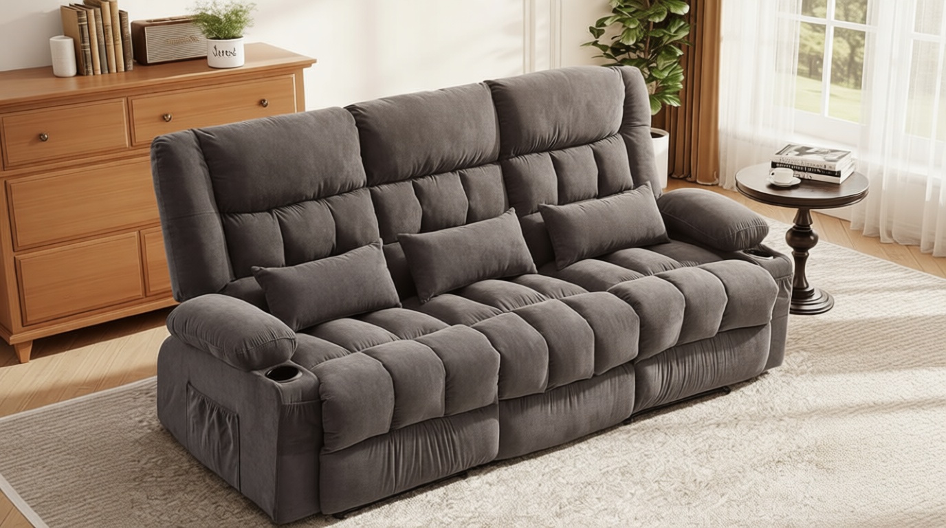 BOSMILLER Reclining Sofa with Cup Holders for Living Room 3 Seat Manual Sofa Recliner with Side Pocket