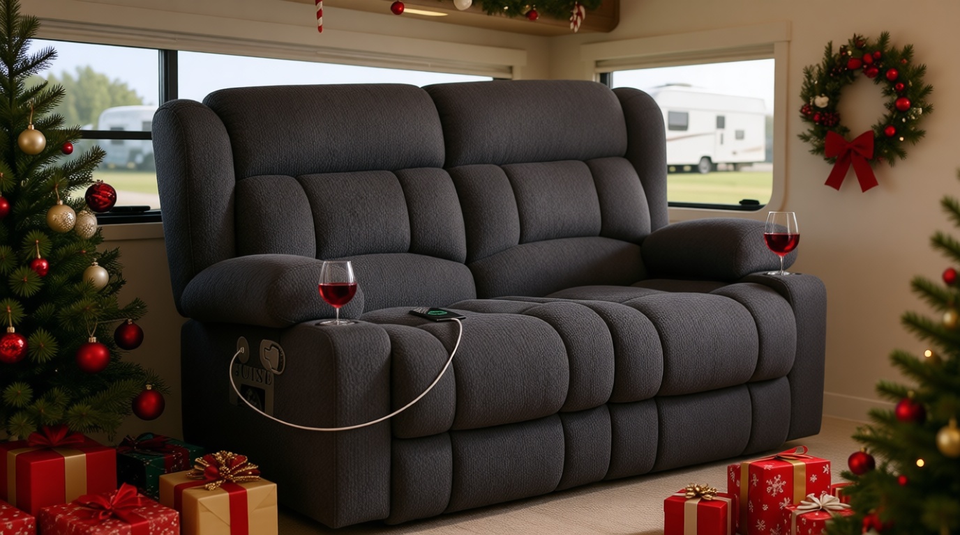 RV Loveseat Recliner Sofa, Wall Hugger Reclining Loveseat RV Couch with USB Ports, Cup Holders, Pockets, 150° Adjustable RV Furniture Velvet Fabric Recliners for Travel & Home Theater Seating