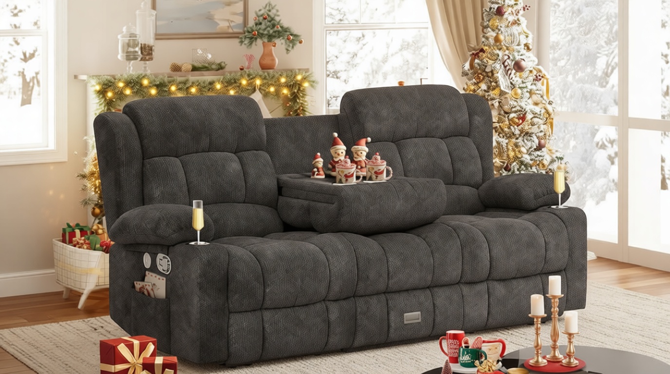 Dresegmt Loveseat Recliner Sofa, Flip Middle Backrest Design 3 Seat Reclining Sofa with Storage Drawer, USB Ports & Cup Holders, Manual Couch for Living Room/RV (Gray)