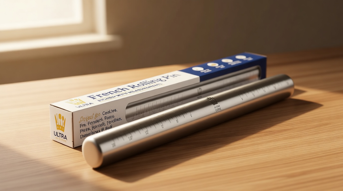 Ultra Cuisine French Rolling Pin for Baking – Tapered Stainless Steel Design with Measurements, Professional or Home Use with Pizza, Cookie, & Pastry Dough, or Fondant and Pie Crust – Dishwasher-Safe