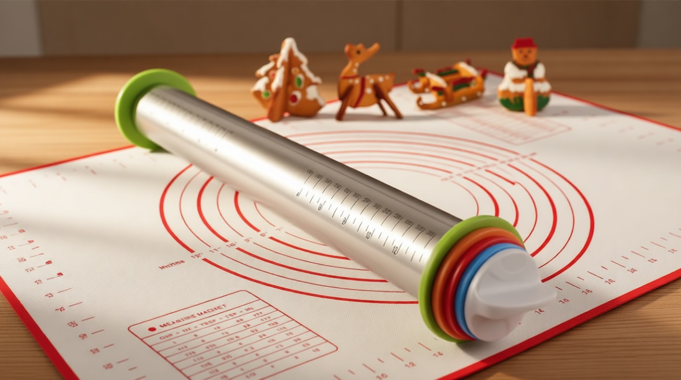 Stainless Steel Rolling Pin and Silicone Mat Set, Adjustable Thickness Rings - For Baking Dough, Pizza, Pies, Pastries, Pasta, Cookies