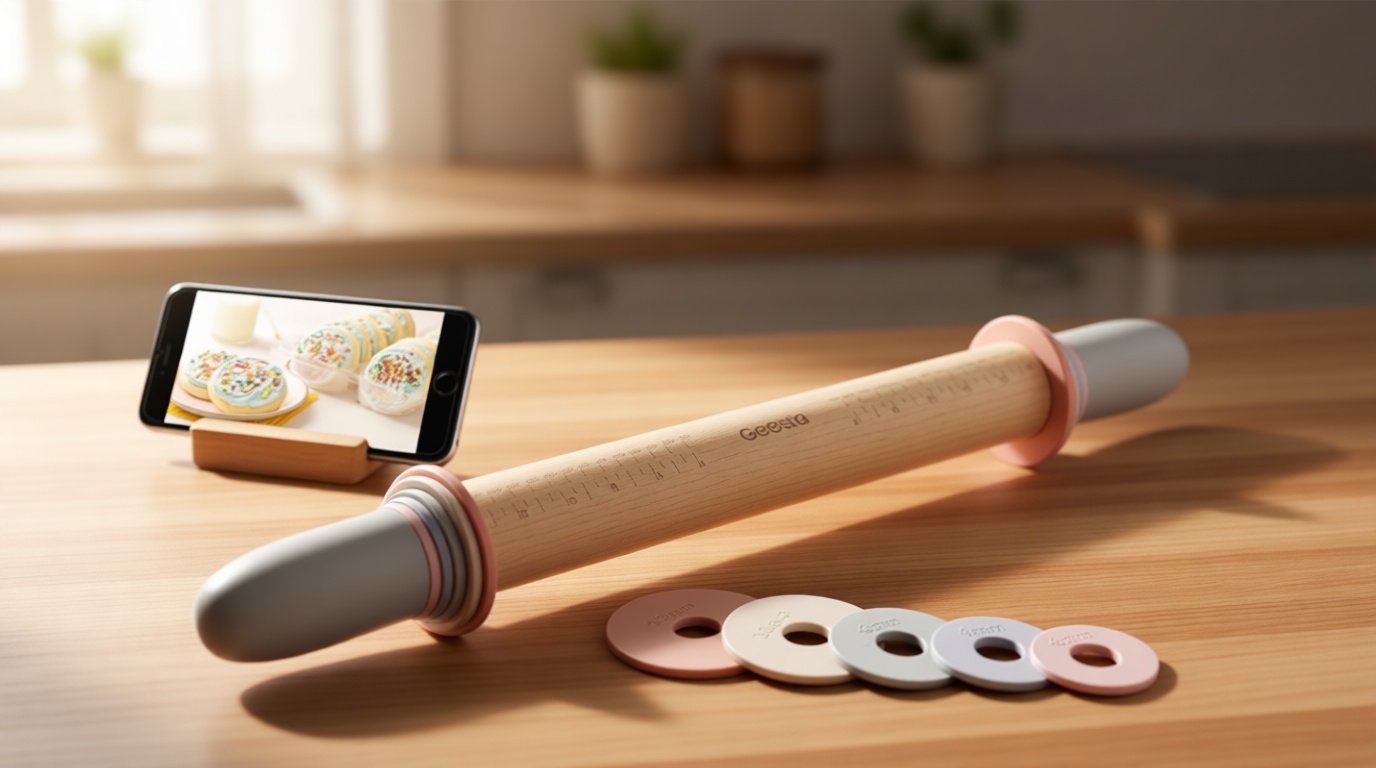 Geesta Adjustable Wood Rolling Pin with 5 Thickness Rings, Precise Dough Roller Handle Press Design with Measurement Guide for Fondant, Pizza, Pie Crust, Cookie, Pastry Baking Decorating Accessories