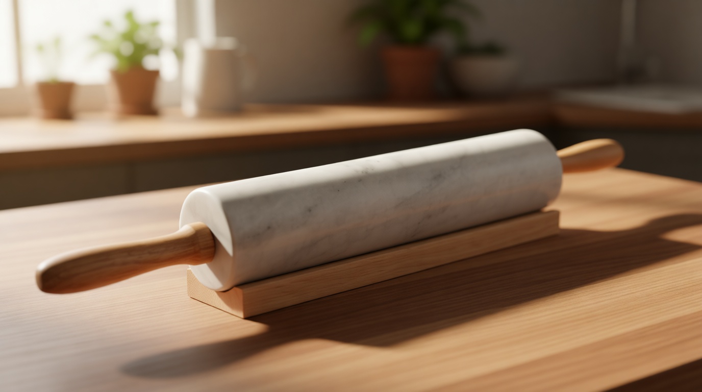 Fox Run Polished Marble Rolling Pin with Wooden Cradle, 10-Inch Barrel, White