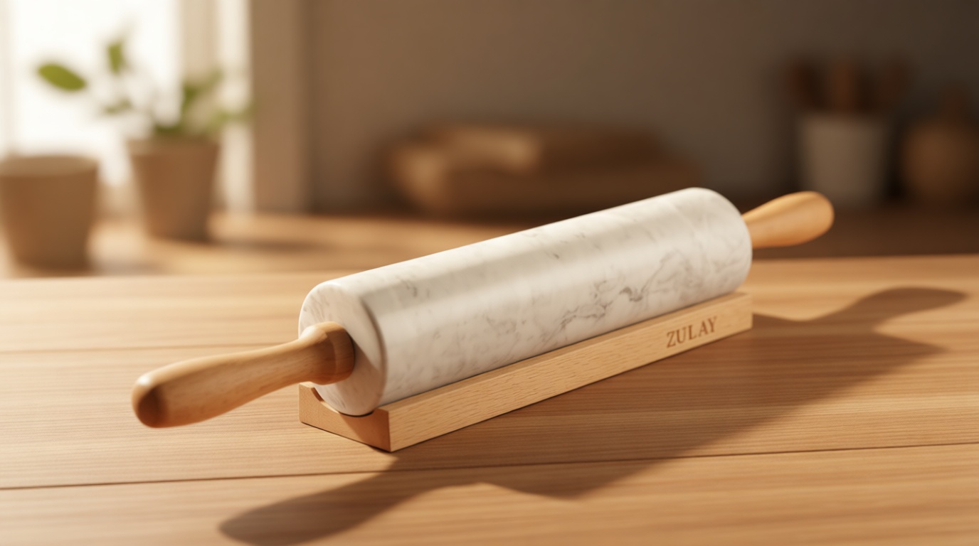 Zulay Kitchen 17-Inch Marble Rolling Pin With Stand - Polished Marble Rolling Pins For Baking With Long Beechwood Handle - Non-stick Roller Pin For Baking Pastries, Bread & Pizza