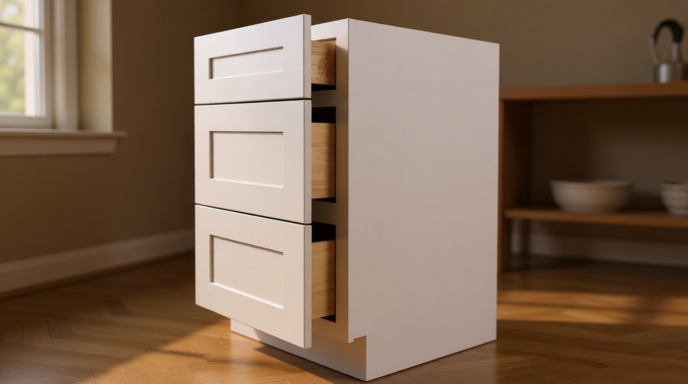 Shaker Style RTA Base Cabinet with 3 Drawers, Solid Wood Frame, Standalone or Modular Design for Kitchen, Bathroom, or Office Storage (White, 24" Width x 24" Depth x 34-1/2" Height)
