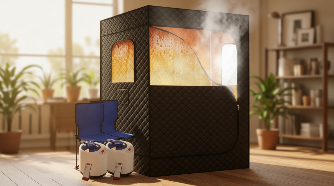Tehanld 2 Person Portable Steam Sauna for Home, Extra Large Sauna Tent, Upgraded 2 Steamer, 2 Foldable Chair & Remote Control, Black