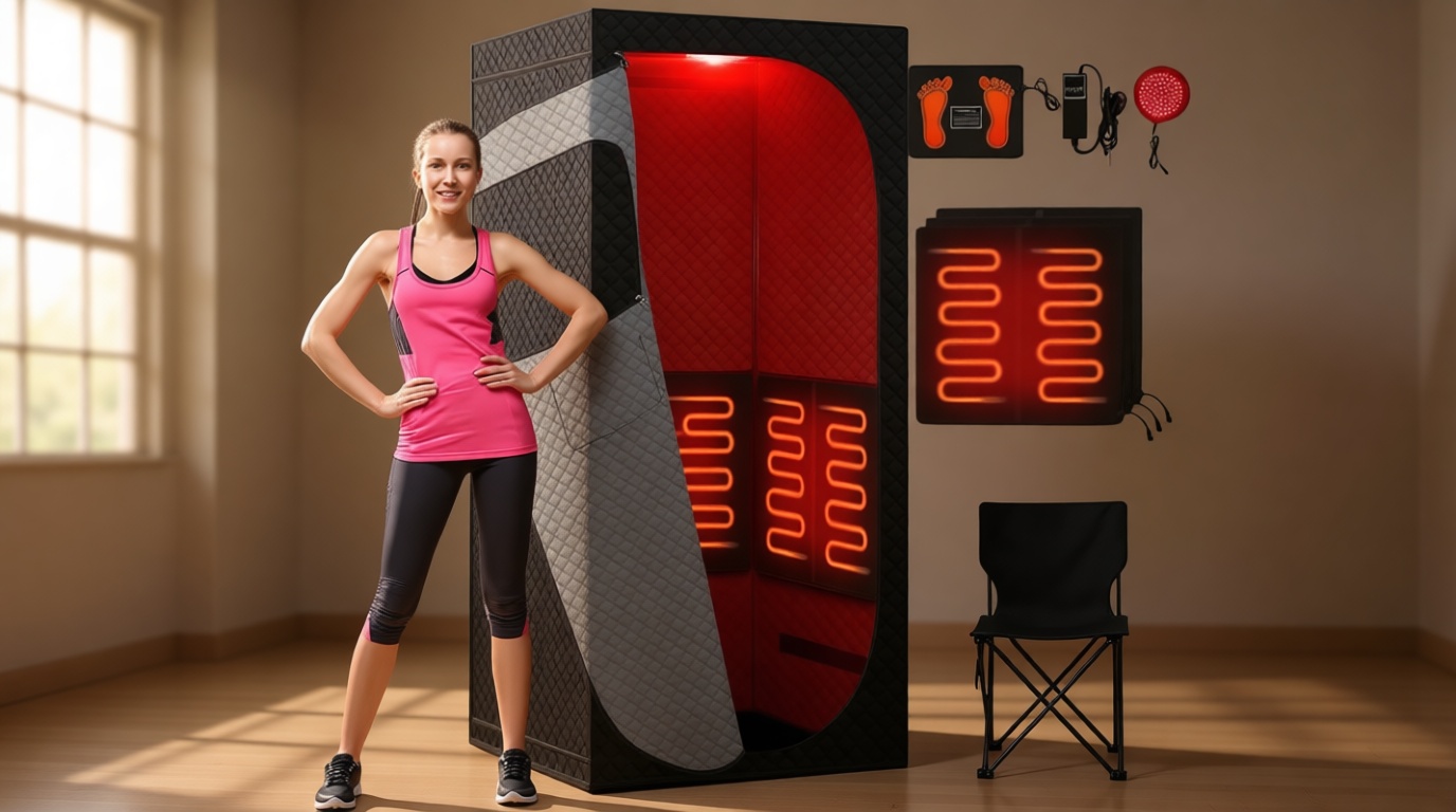 Portable Infrared Sauna Room, Dry Sauna Tent for Detoxification and Relaxation with Red Light Therapy and Folding Chair, 9 Levels, 32″×35″×71″