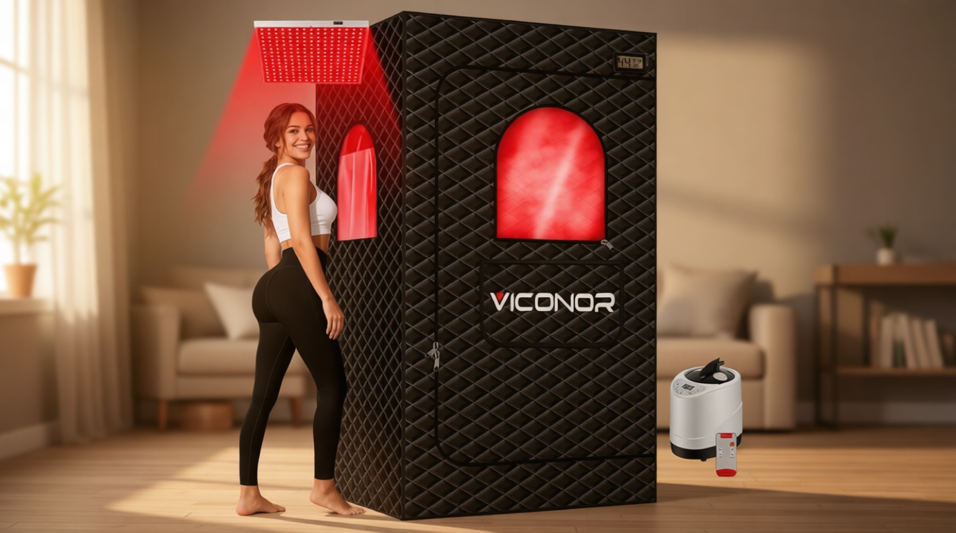 Viconor Infrared Sauna Box, Portable Steam Infrared Sauna Tent with Red Light Therapy for Home, Full Body Steam Indoor Sauna Box for Relaxation, 3L/1200W Steamer, 9 Levels Heat, Timer, Folding Chair Global Recycled Standard