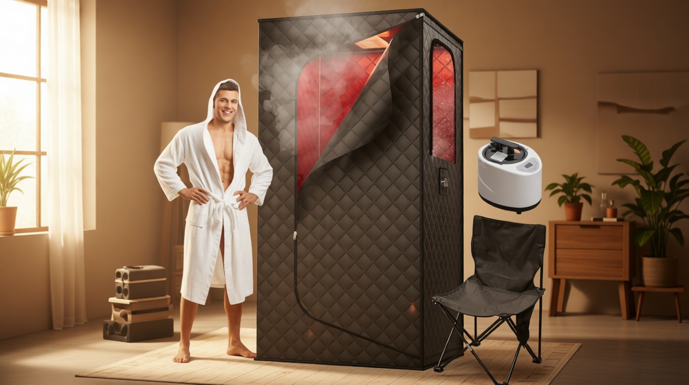 ouluu Portable Sauna with Red Light - Steam Sauna for Home, Folding Chair, Remote Control, 2.6’ x 2.6’ x 6.0’, Black