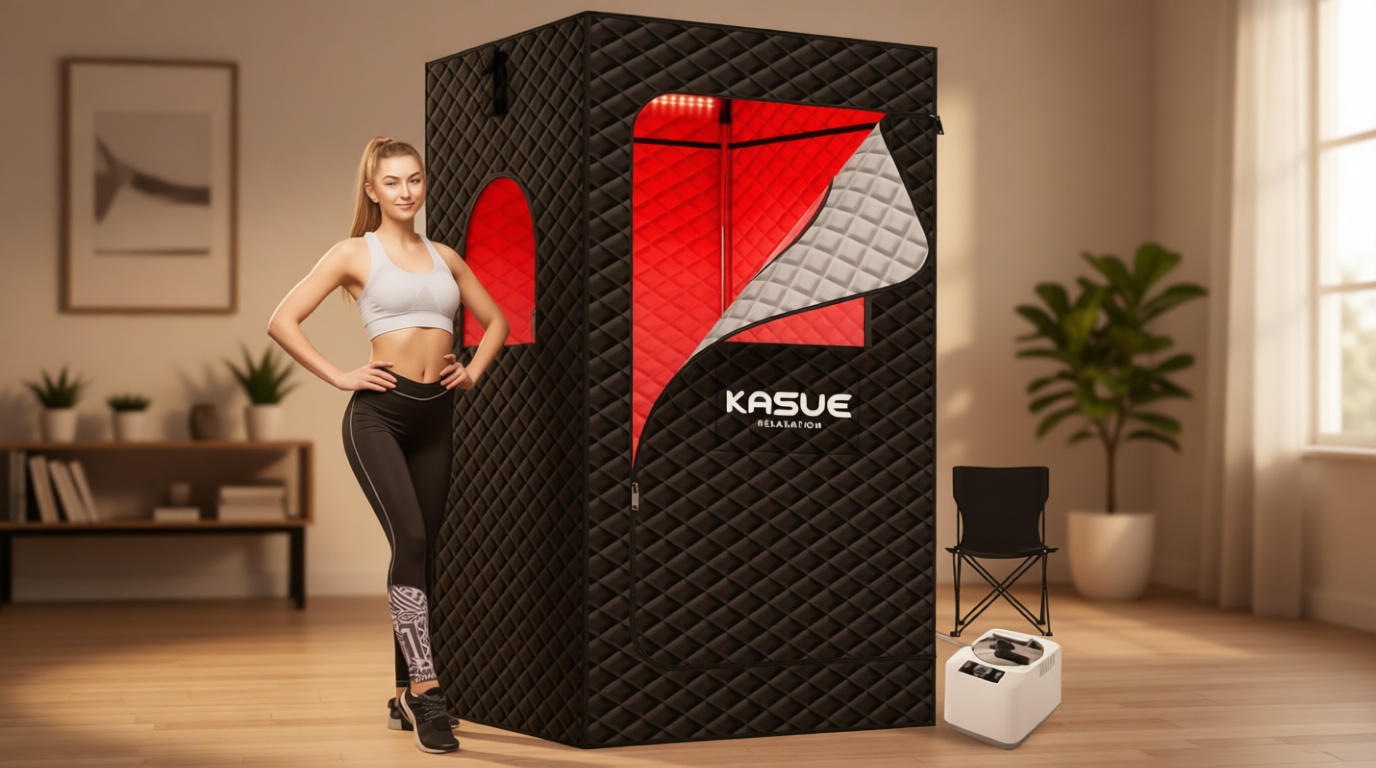 KASUE Portable Steam Sauna Tent for Home, Infrared Sauna with 3L Steamer, 9 Temp Levels & 99 Min Timer, 5-Layer Waterproof Insulated, Folding Chair Included, Indoor Spa (Light Black) Global Recycled Standard