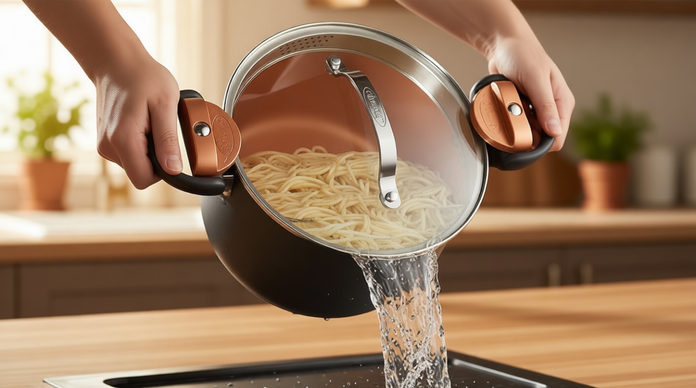 Gotham Steel 5 Quart Stock Pot Multipurpose Pasta Pot with Strainer Lid & Twist and Lock Handles, Nonstick Ceramic Surface Makes for Effortless Cleanup with Tempered Glass Lid, Dishwasher Safe
