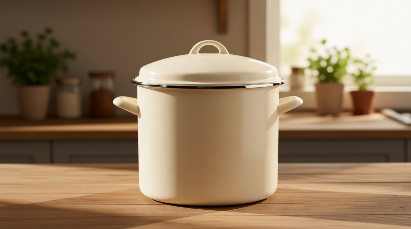 Rachael Ray Enamel on Steel Stockpot with Lid, Induction Suitable, 12 Quart, Almond Cream