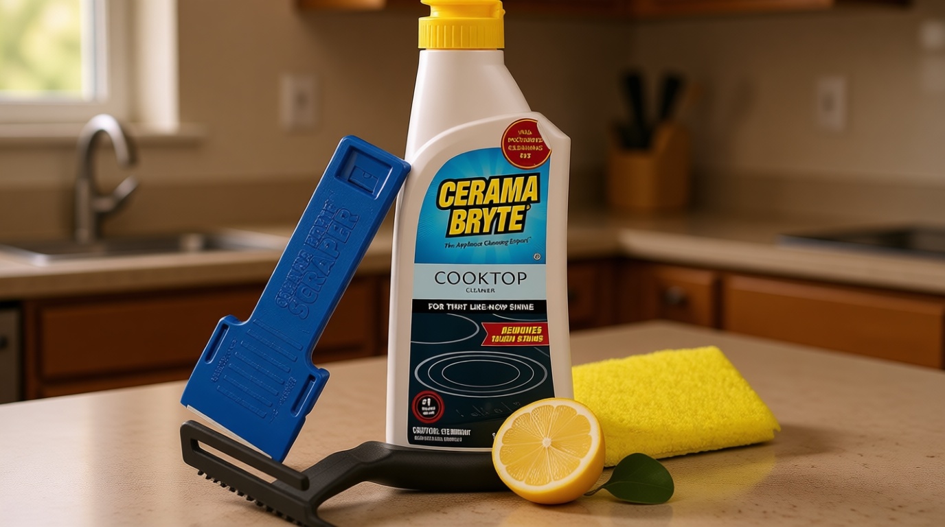 Cerama Bryte Glass Cooktop and Stove Top Cleaner Combo Kit - Includes Cleaning Tool, Razor, Scraper and 1 Pad to Remove Tough Stains - Use on Gas, Electric, Ceramic Surfaces, 10 Ounces, 4 Piece