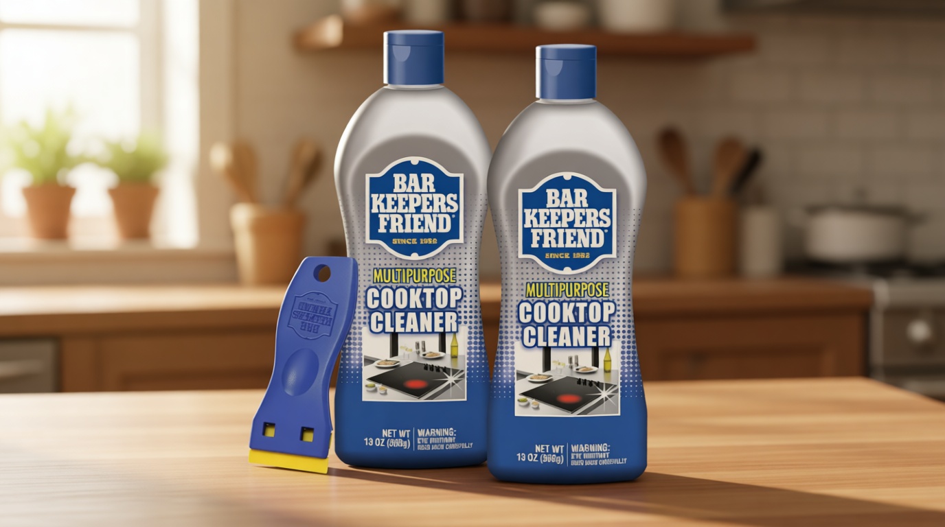 Bar Keepers Friend Cooktop Cleaner (2 x13 oz) + Scraper - Multipurpose Liquid Stovetop Cleanser, Safe for Use on Glass & Ceramic Cooking Surfaces, Copper, Brass, Chrome, Stainless Steel & Porcelain