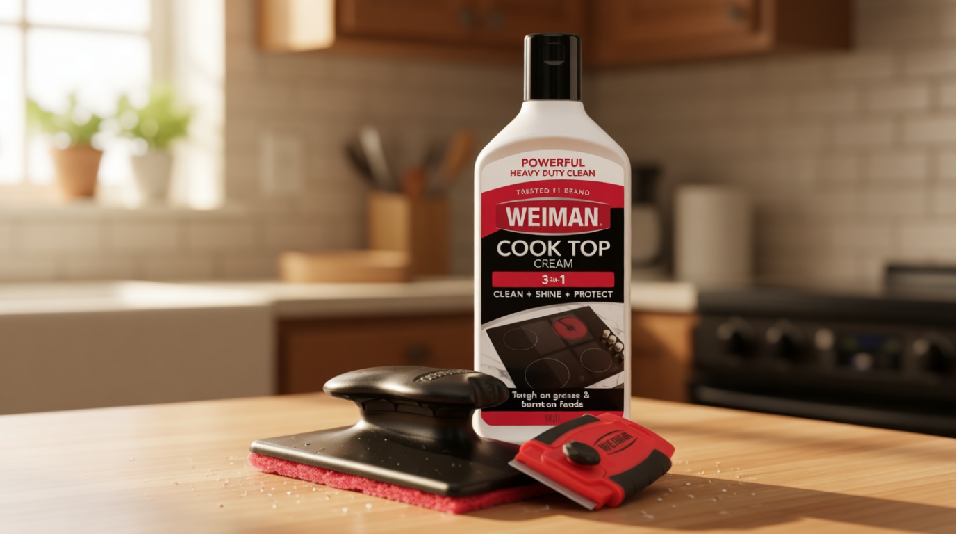 Weiman Glass & Ceramic Cooktop, Stove Top & Oven Cleaner Kit – Kitchen Cleaner Cream, 3 Scrubbing Pads & Scraper for Burnt-On Food & Grease, Clean Shine - Safe for Induction, Electric & Gas Cooktops