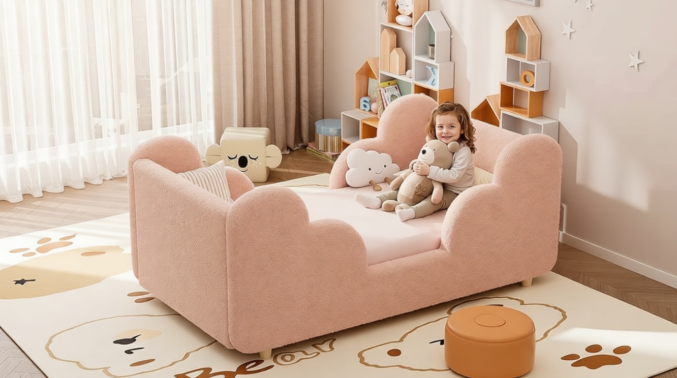 Toddler Bed Frame, Toddler Bed Upholstered, Low Profile Kids Beds with Safety Guardrails Floor Beds with Wood Slats for Girls Boys Children Aged 3-7 Years Old - Crib Size/Pink