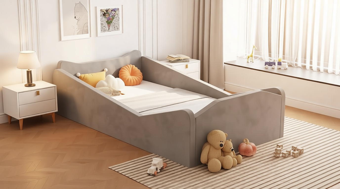 JOYMOR Toddler Bed, Floor Bed with Safety Guadrail, Montessori Toddler Bed with Animal Ear Shapes, Soft Velvet Wood Bed for Infant, Kids, Mattress not Included (Gray)