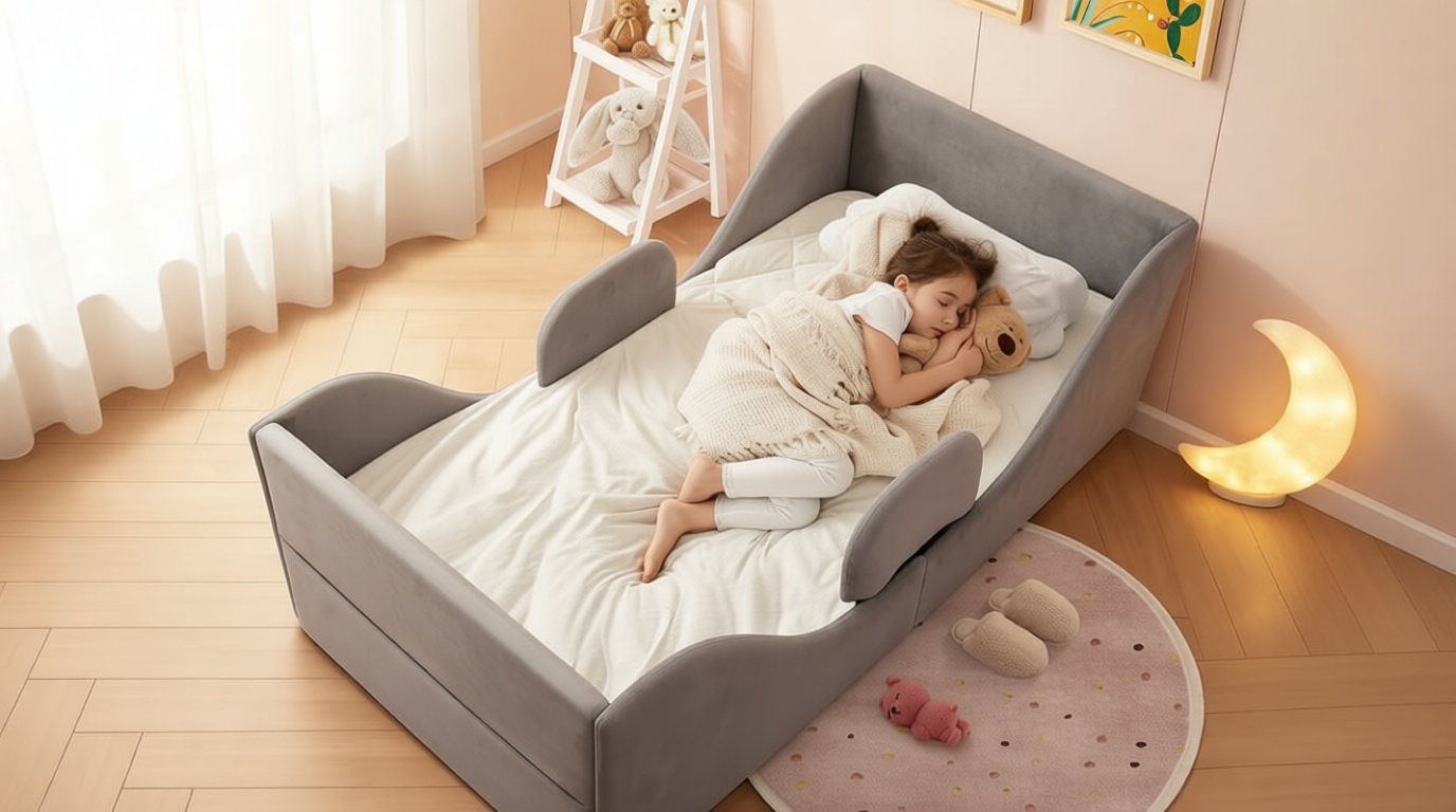 Toddler Bed, Child Bed for Kids with Safety Rails, Standard Crib Size Toddler Bed Frame for Kids 1-7 Years, Certified Soft Velvet Montessori Bed (Grey)