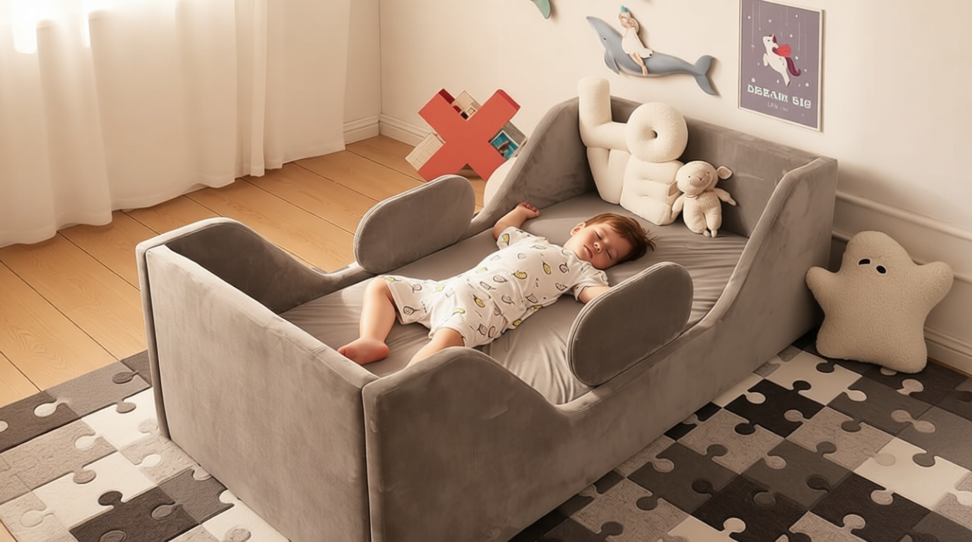 weeonekids Toddler Bed, Child Bed for Kids with Extra Safty Broad, Standard Crib Size Toddler Bed, Certified Fabric Toddler Beds,Toddler Flood Bed (Gray)