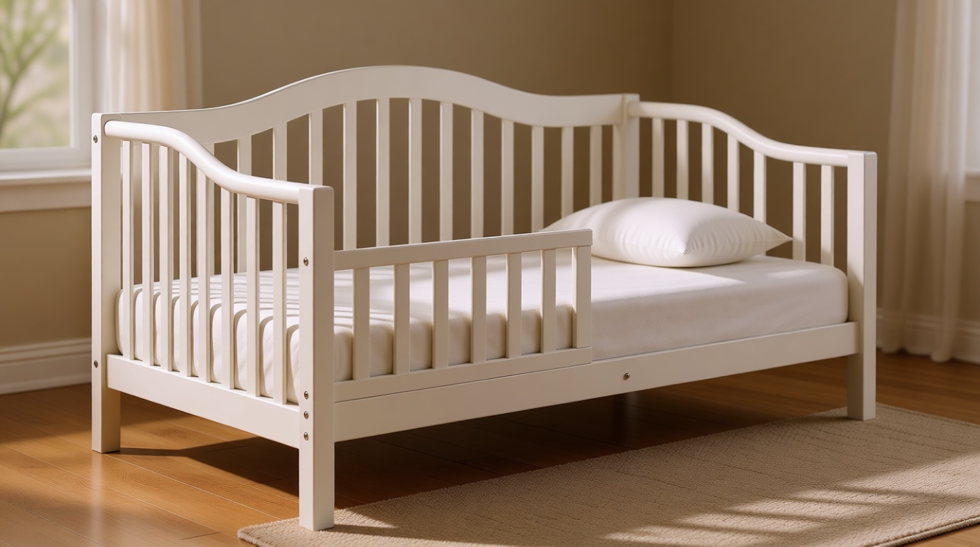 Dream On Me Austin Toddler Day Bed with Rails in White, Low to Floor Toddler Day Bed, Greenguard Gold & Baby Safety Alliance Certified, Non-Toxic Finishes, Side Safety Guard Rail