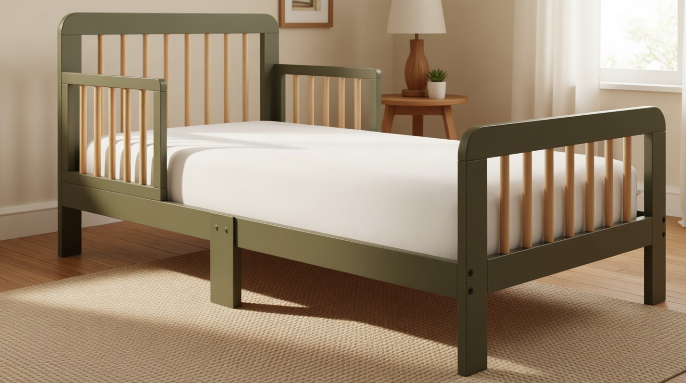Storkcraft Pasadena Toddler Bed (Olive & Driftwood) - GREENGUARD Gold Certified, Fits Standard Crib Mattress, Toddler Rails Included, Complete Design with Headboard & Footboard