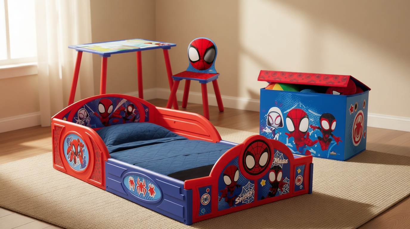 Delta Children - Marvel Spidey and His Amazing Friends 4-Piece Toddler Room-in-a-Box Set – Includes Sleep and Play Toddler Bed, Table, 1 Chair and Fabric Toy Box, Blue/Red