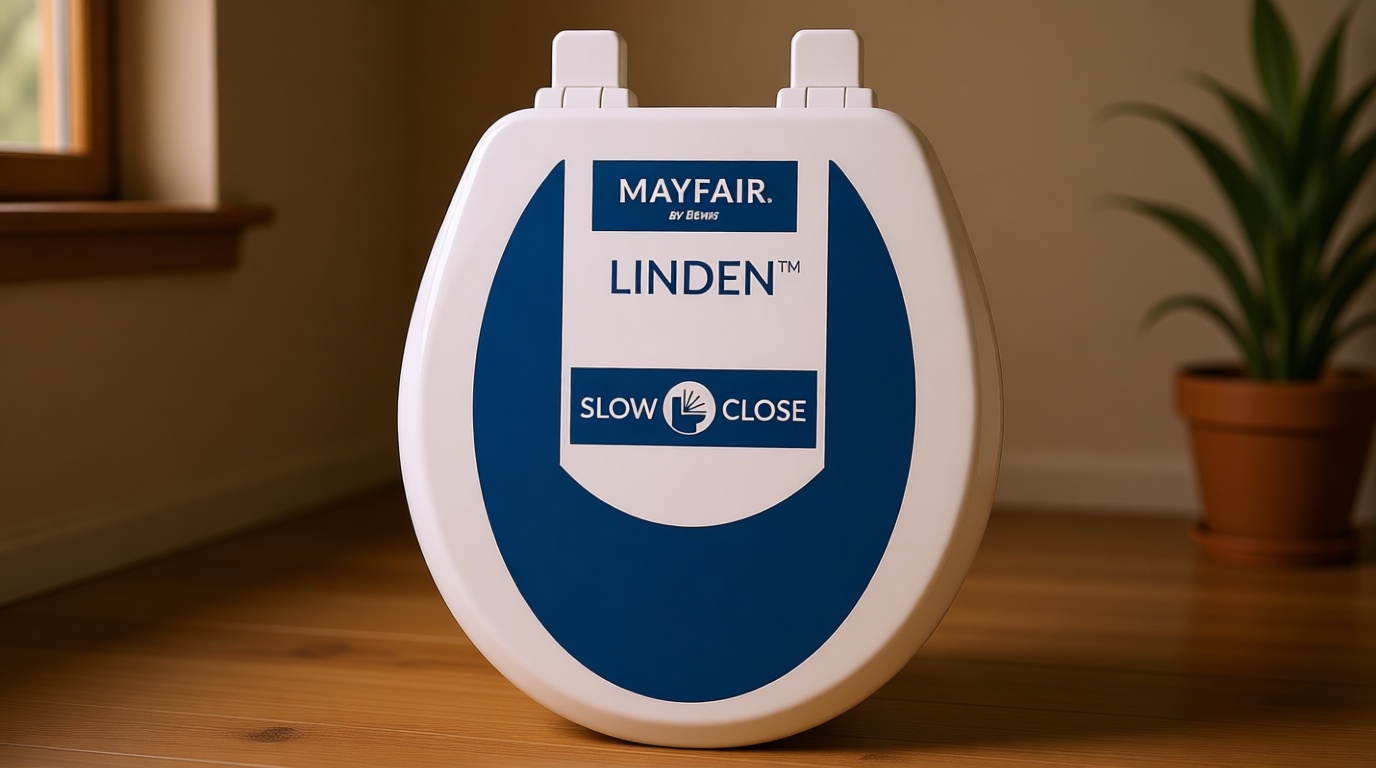Mayfair Linden Slow Close Toilet Seat, Non Slip Heavy Duty Wood, Easy Install, Round, White GreenCircle Certified: Recycled Content