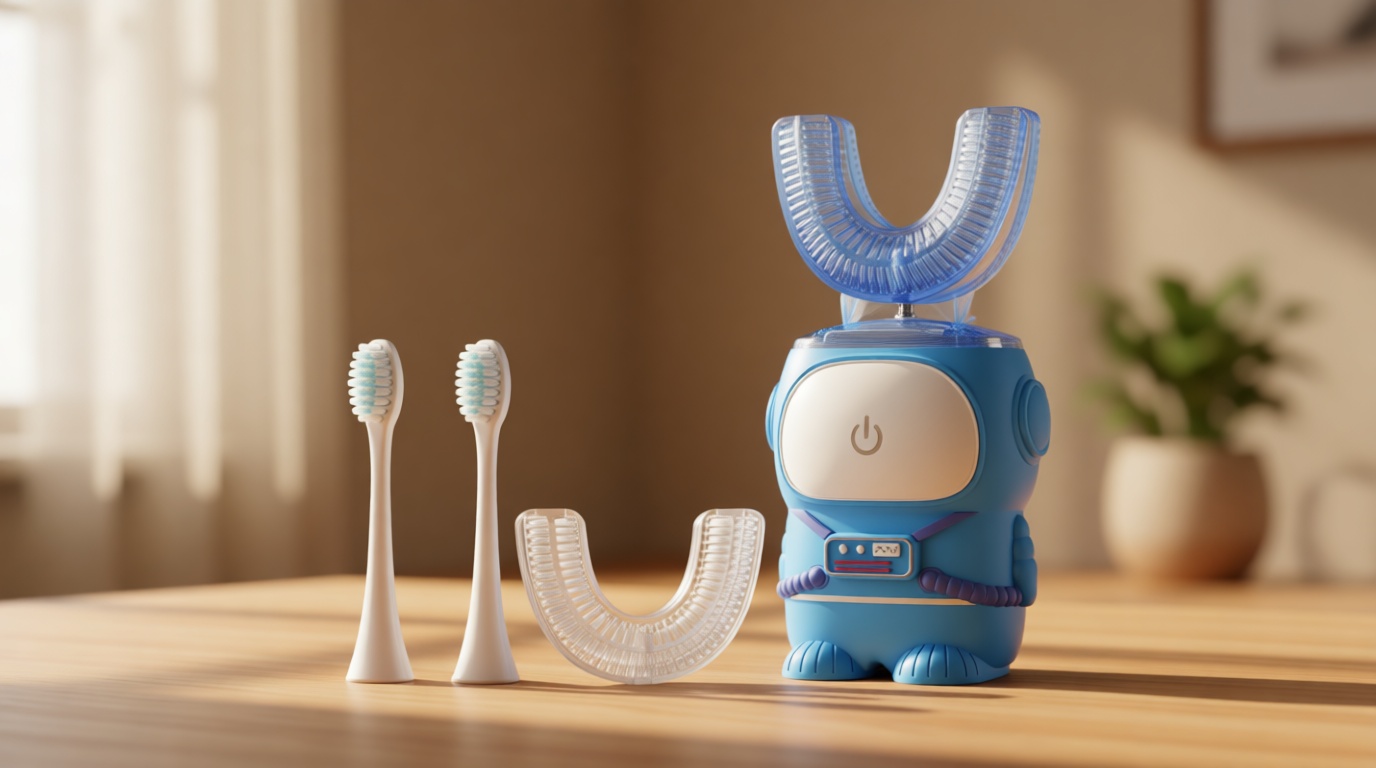 RexCodar Ultrasonic Kid's U-Shaped Electric Toothbrush, IPX7 Waterproof, Five Cleaning Modes,Cartoon Astronaut, 60S Smart Reminder (6-12 Age (Blue))