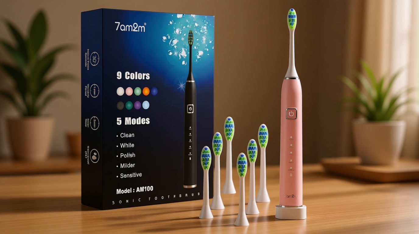 7AM2M Sonic Electric Toothbrush with 6 Brush Heads for Adults&Kids, One Charge for 120 Days, Wireless Fast Charge, 5 Modes, 40000VPM Powered Toothbrush, 2 Minutes Built in Smart Timer -Pink Global Recycled Standard