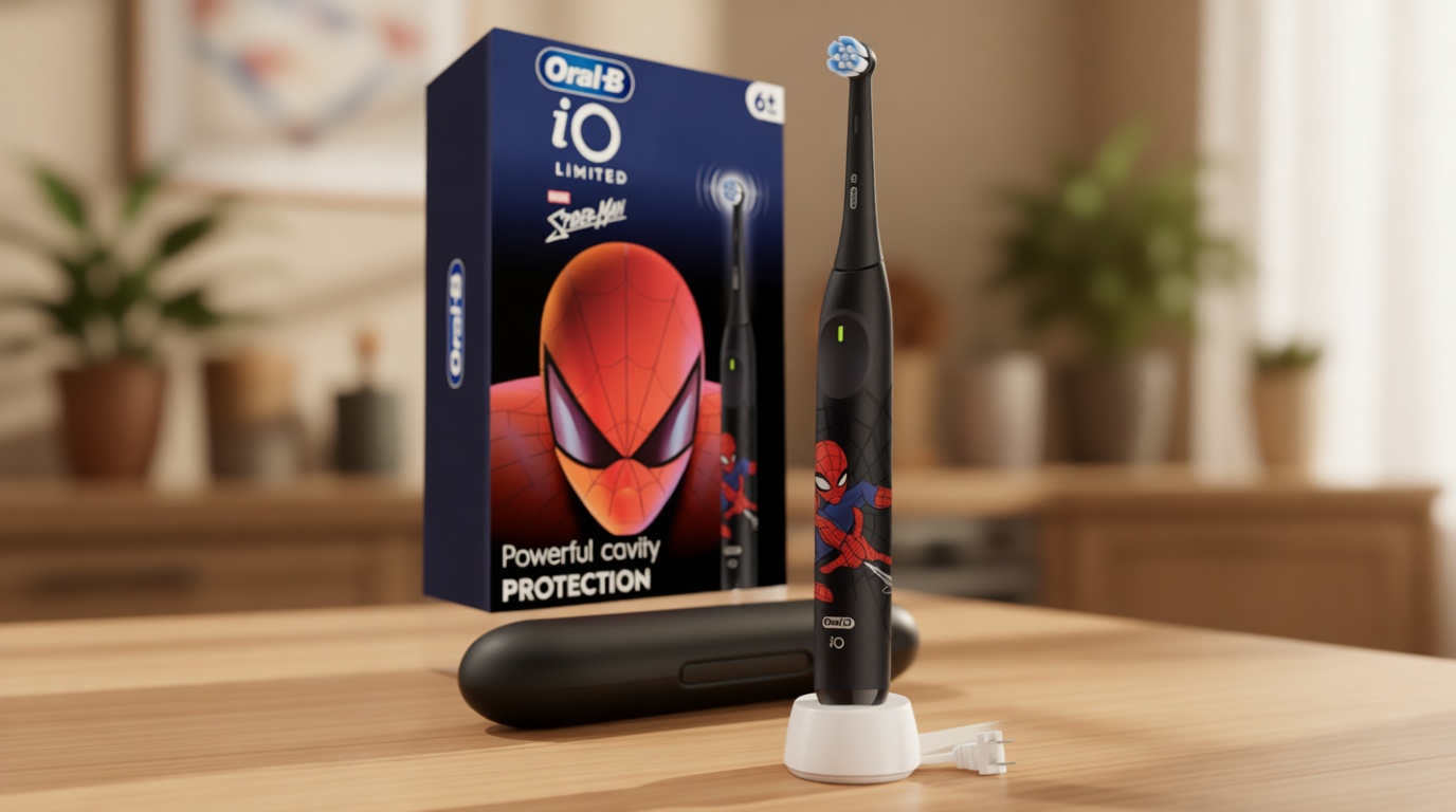 Oral-B iO Kids Limited Rechargeable Electric Powered Toothbrush, Spiderman with 1 Gentle Care Brush Head - Automatic Pressure Sensor to Protect Gums - 3 Cleaning Settings - 2 Min Music Timer