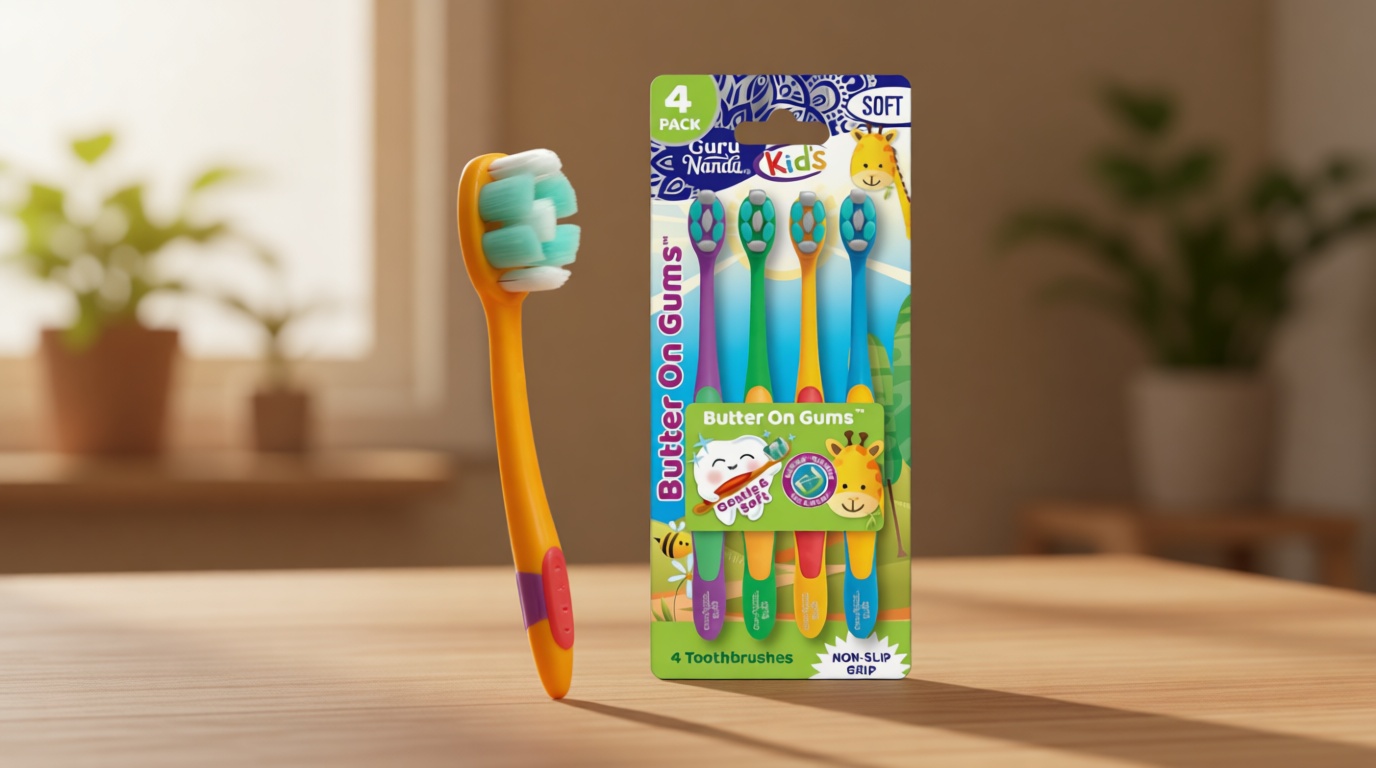 GuruNanda Butter On Gums Kids Toothbrush - 4 Pack Extra Soft Bristles Toothbrush for Kids, Multi-Colored & Fun to Use for Beginner Cleaning - Ergonomic Grip Handle - BPA & Cruelty-Free (Age 3+)