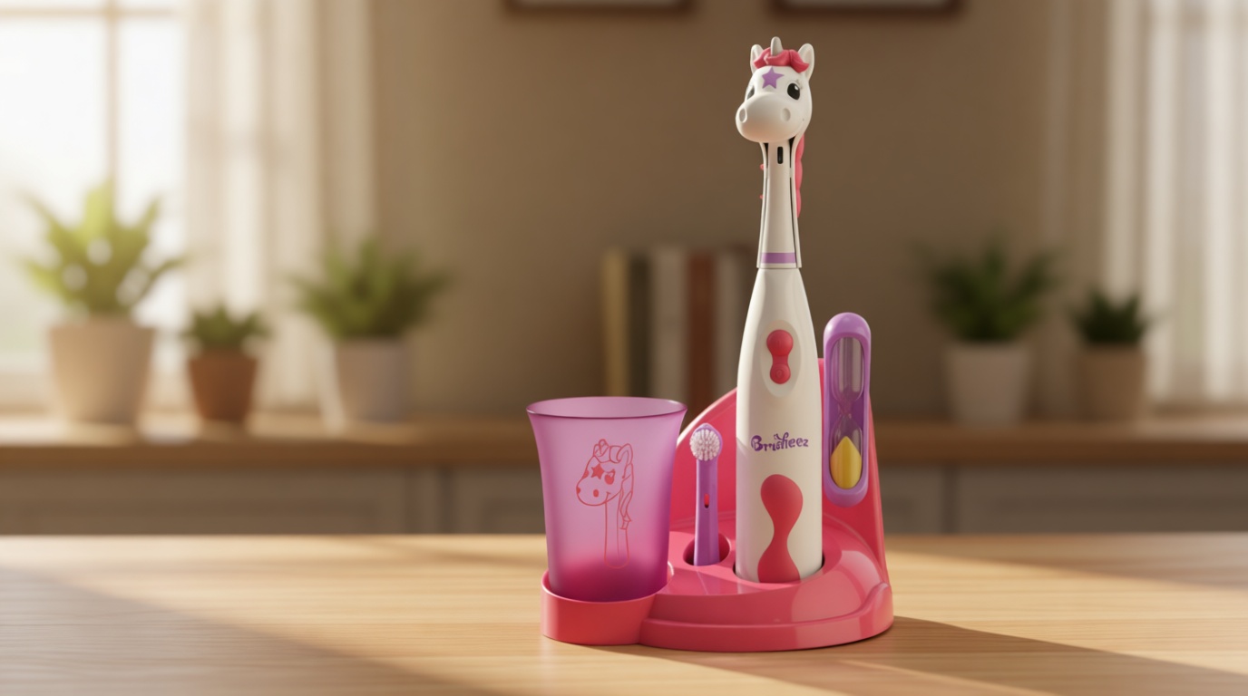 Brusheez Kids’ Electric Toothbrush Set - Safe & Effective for Ages 3+ - Parent Tested & Approved with Gentle Bristles, 2 Brush Heads, Rinse Cup, 2-Minute Timer, & Storage Base (Sparkle the Unicorn)
