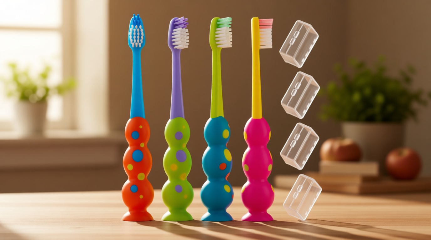 Kids Toothbrush 4 Pack - Soft Bristles with Suction Cup - Toothbrush Kids, Child Sized Brush Heads, 3-10 Year Old Kid Toothbrush with Easy Storage - Toddler, Girl and Boy Set (4-Pack, Multi-Color)