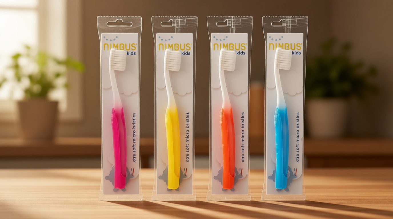 NIMBUS NIMBY Kid's Extra Soft Toothbrushes for Sensitive Teeth and Receding Gums, Periodontist Design Plaque Remover Travel Toothbrush, Individually Wrapped (4 Pack, Colors May Vary)