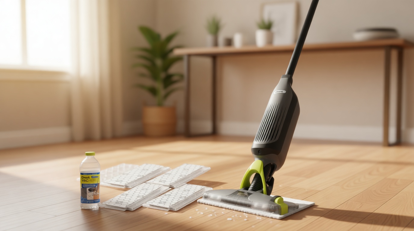 Shark VACMOP Cordless Hard Floor Cleaner, Vacuum and Spray Mop, Powerful Suction, Lightweight, LED Headlights, Includes 4 Disposable Pads, 12oz Multi-Surface Cleaning Solution, Gray, VM252