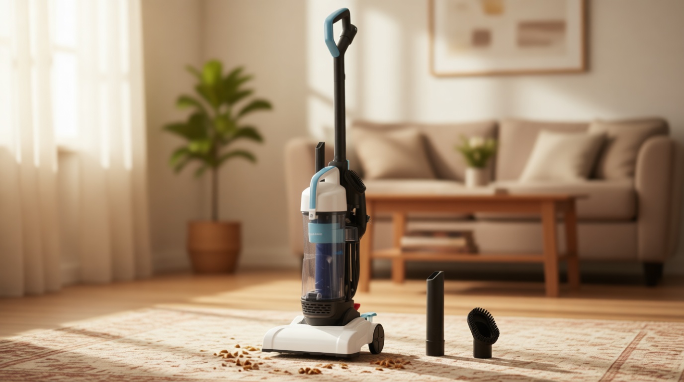 Amazon Basics Upright Bagless Vacuum Cleaner for Carpet and Hard Floors, Washable Filter, Crevice and Upholstery Tools, Detachable Handle, Lightweight, 1.7L Dust Cup, 25ft Cord, Black/White