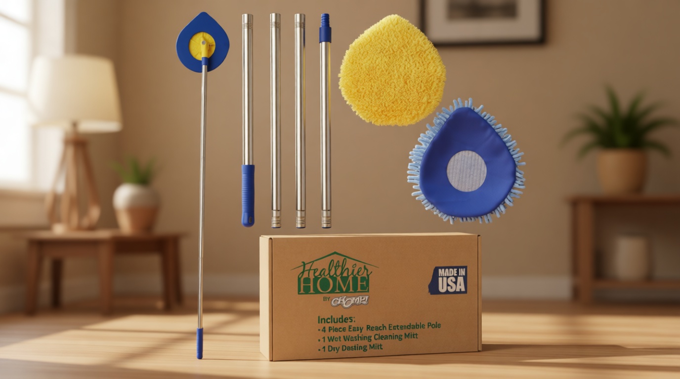 CHOMP Long Handle Wall Cleaner, 5 Minute CleanWalls Extendable Wall Washer, Ceiling Cleaner, Baseboard Duster, Telescoping Dry Dust and Wet Wash Cleaning Mop with Washable Microfiber Pad