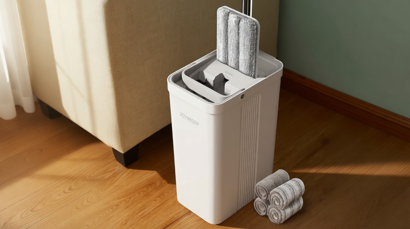JOYMOOP Mop and Bucket Set, Flat Mops for Floor & Wall Cleaning, Commercial & Household Use, Hardwood Floor Mop with Long Handle & 4 Microfiber Pads