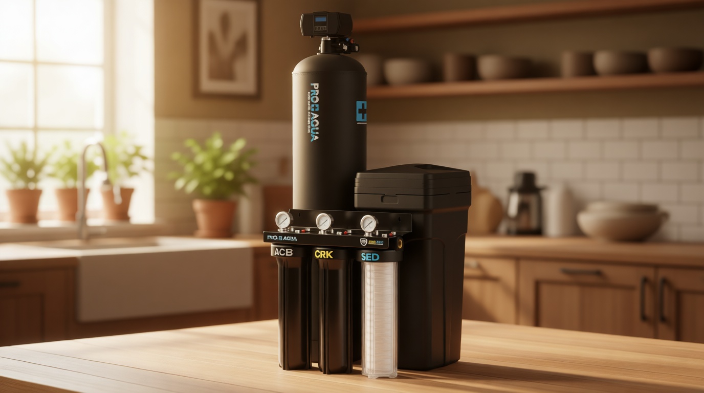 PRO+AQUA PRO-E-S80E Elite Whole House Water Filtration System & 80,000 Grain Water Softener Combo – High-Capacity Combo for Large Homes & Well Water Use