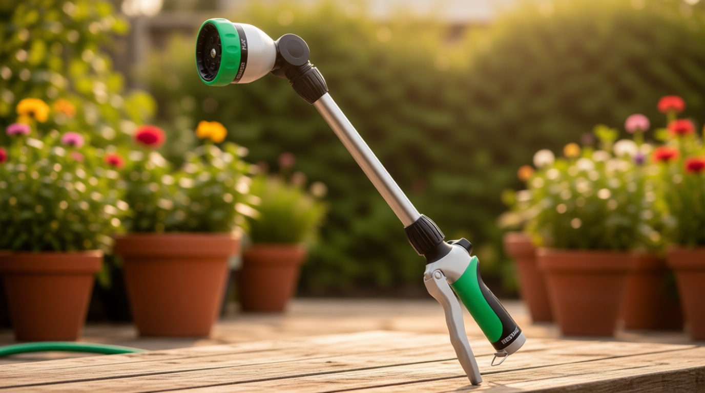 RESTMO Metal Watering Wand, Heavy Duty Garden Hose Wand with 180° Swivel Ratcheting Head, 16-Inch Hose Nozzle Sprayer with 7 Spray Patterns and Flow Control, Ideal to Water Hanging Baskets and Shrubs