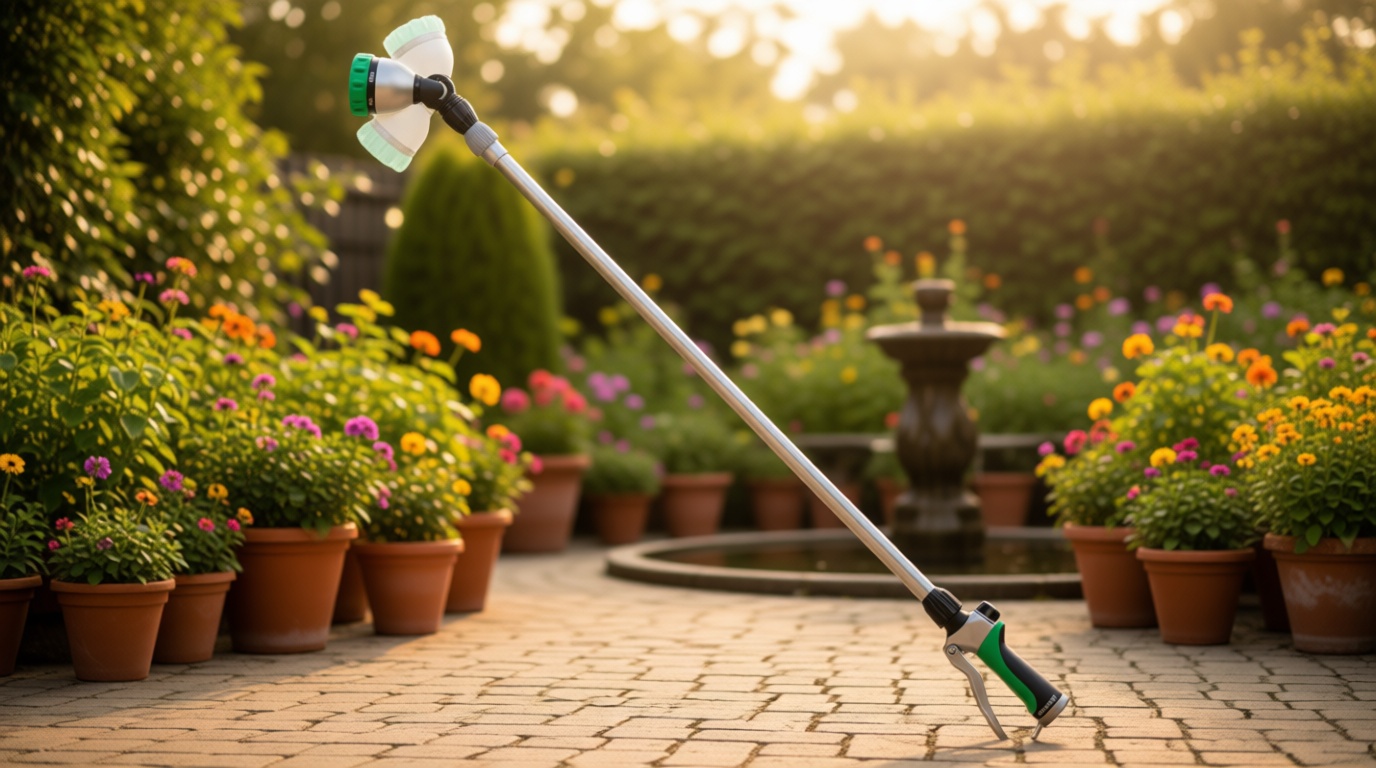 RESTMO 36”-60” Metal Watering Wand, Long Telescopic Tube | 180° Adjustable Ratcheting Head | 7 Spray Patterns | Flow Control, Perfect Garden Hose Sprayer to Water Hanging Baskets, Shrubs, Green