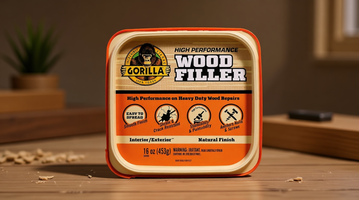 Gorilla All Purpose Wood Filler, Natural Finish, 16 Ounce Tub (Pack of 1) - Water Resistant for Indoor or Outdoor Projects and Repairs